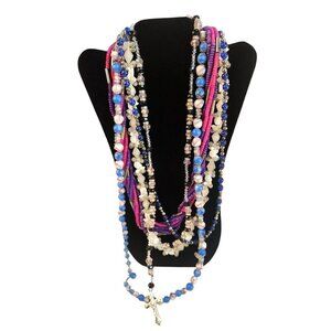 Multicolor Beaded Necklace Set With Rosary Cross & Stretch Bands Lot of 5